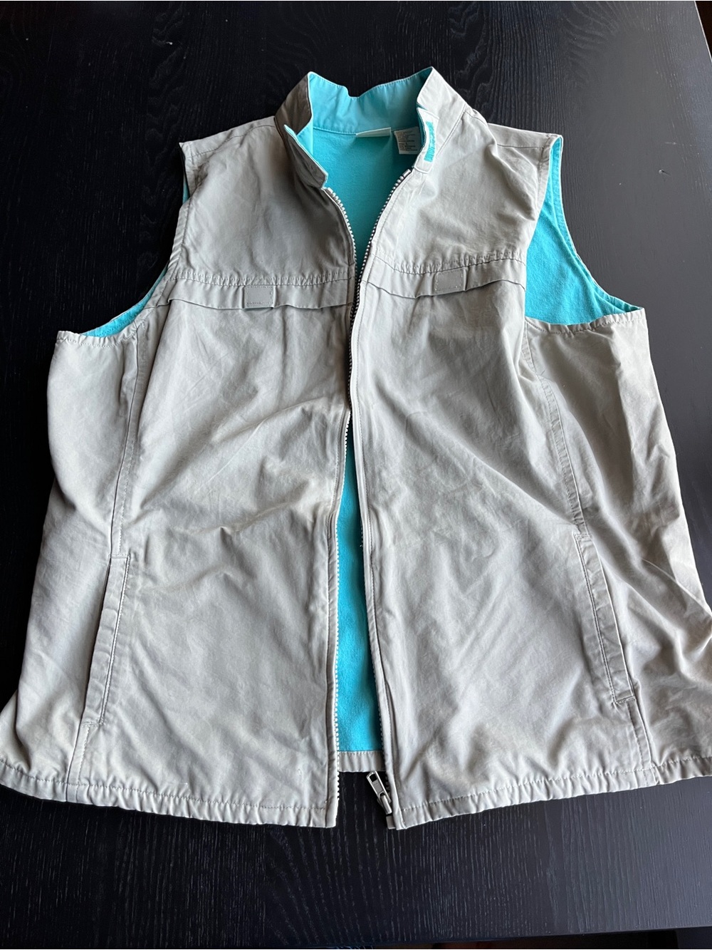 Merona Womens Size L Beige Aqua Blue Full Zip Cotton Nylon Vest Jacket Top